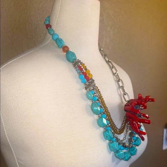 Branch Coral Crystal Faux Turquoise Multistrand Handmade Statement Necklace Set - Picture 6 of 14